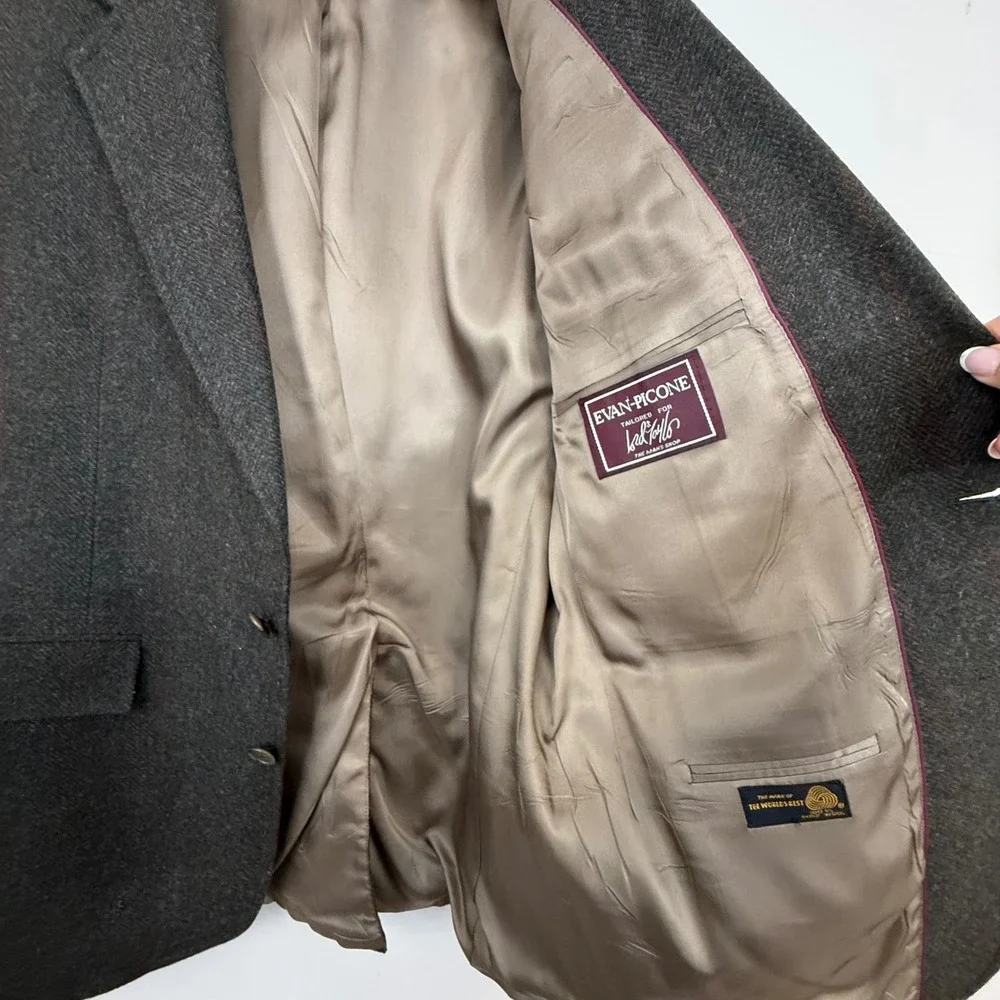 VTG Evan Picone Wool Tweed Herringbone Plaid Blazer Leather Elbow Patches 43L